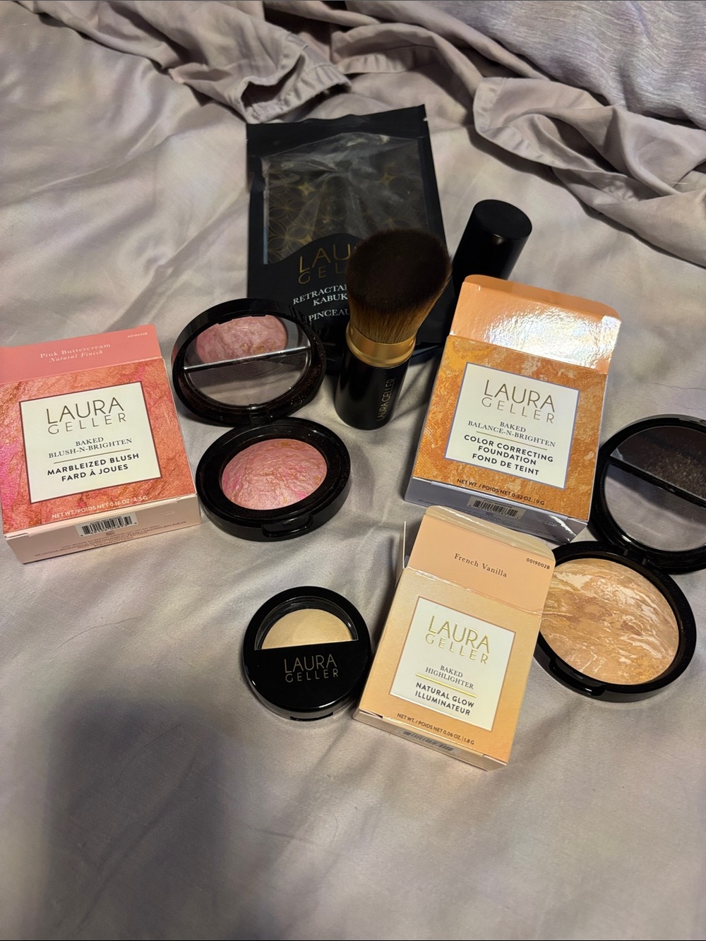 Laura Geller Pink Marbleized Blush & Gold Baked Highlighter 4 pc Set New